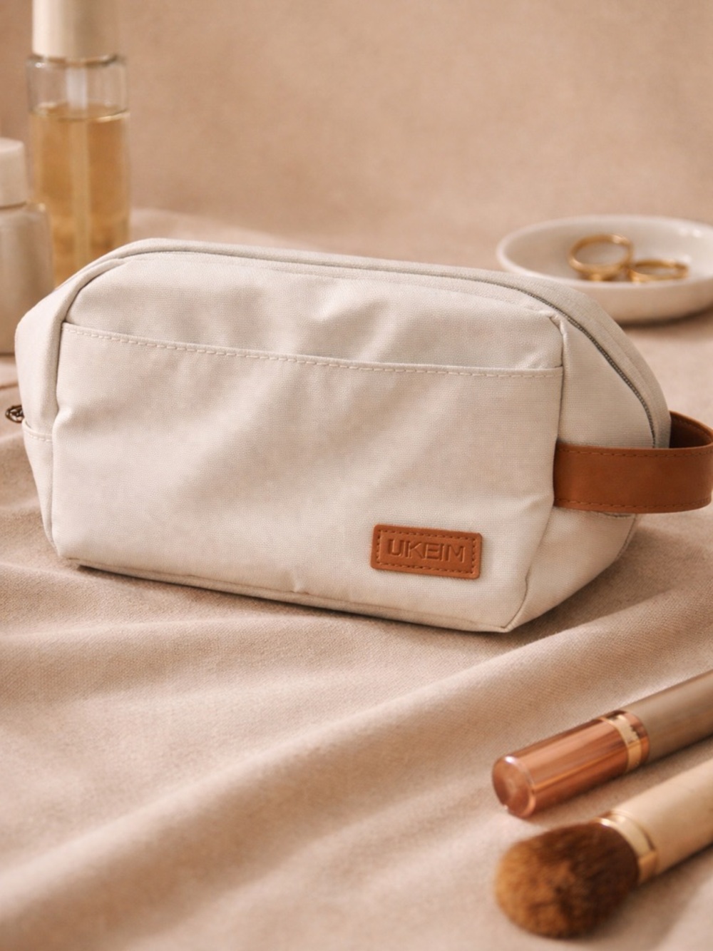 UKEIN Beige Makeup Bag Travel Cosmetic Pouch Minimal Chic